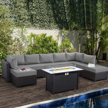 9-Piece Outdoor Wicker Rattan Patio Furniture Set with Grey Cushions and 45 Gas Fire Pit Table