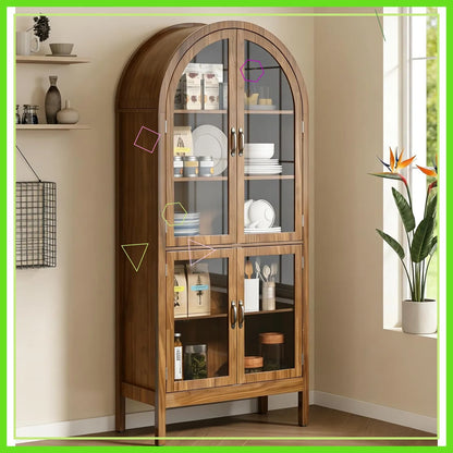 70.9'' Arched Kitchen Pantry Cabinet with Acrylic Glass Doors, 5-Tier Shelves, Walnut Finish