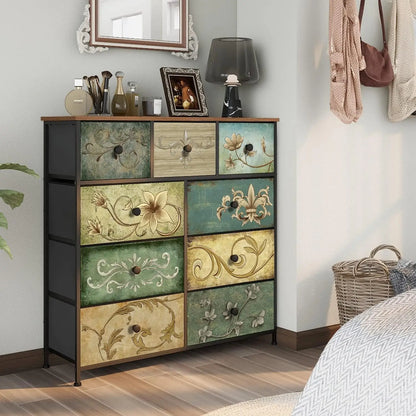 9-Drawer Floral Dresser with Wooden Top for Bedroom, Closet, Nursery, Living Room