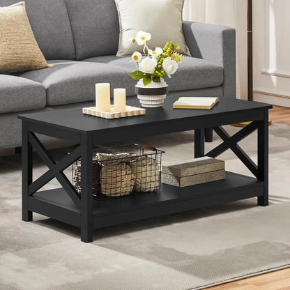 Wood 2-Tier Black Coffee Table with Storage Shelf for Living Room,