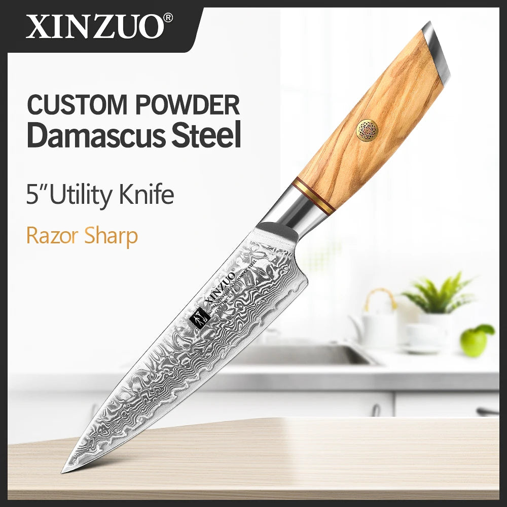 XINZUO 1-8pcs Kitchen Knife Set 73 Layers Custom Damascus Steel  with Olive Wood Handle