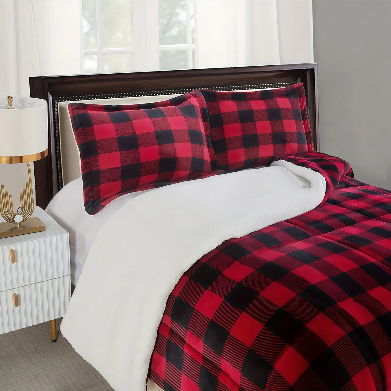 1pc Cozy Sherpa Fleece Buffalo Plaid Blanket -