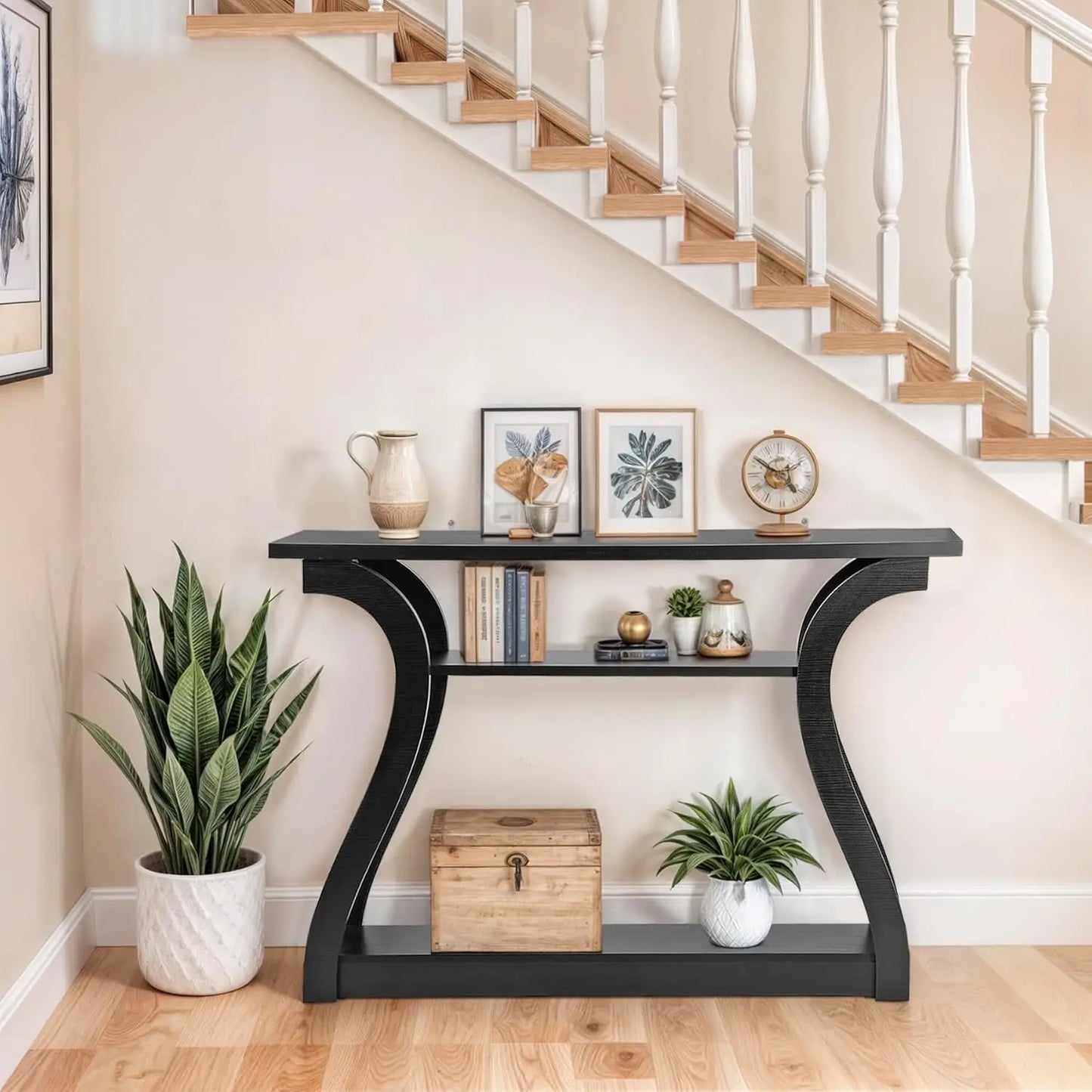 Wood Console Table 3 Tier Narrow Entryway Table with Curved Frame and 2 Open Storage Shelves