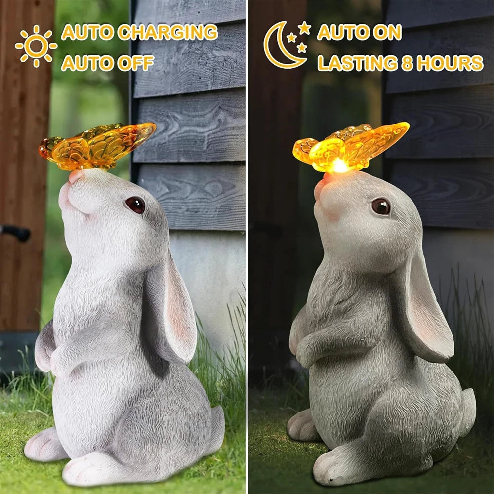Solar Bunny Statue Garden Decor with Butterfly LED Light Resin Animal Figurine for Garden Courtyard