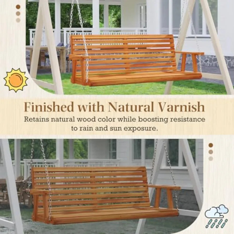 5.5FT Wooden Porch Swing  with Cup Holders Chains 880Lbs Weight Capacity  for Courtyard Gar