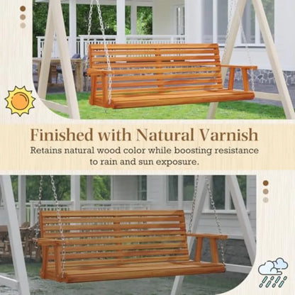 5.5FT Wooden Porch Swing  with Cup Holders Chains 880Lbs Weight Capacity  for Courtyard Gar