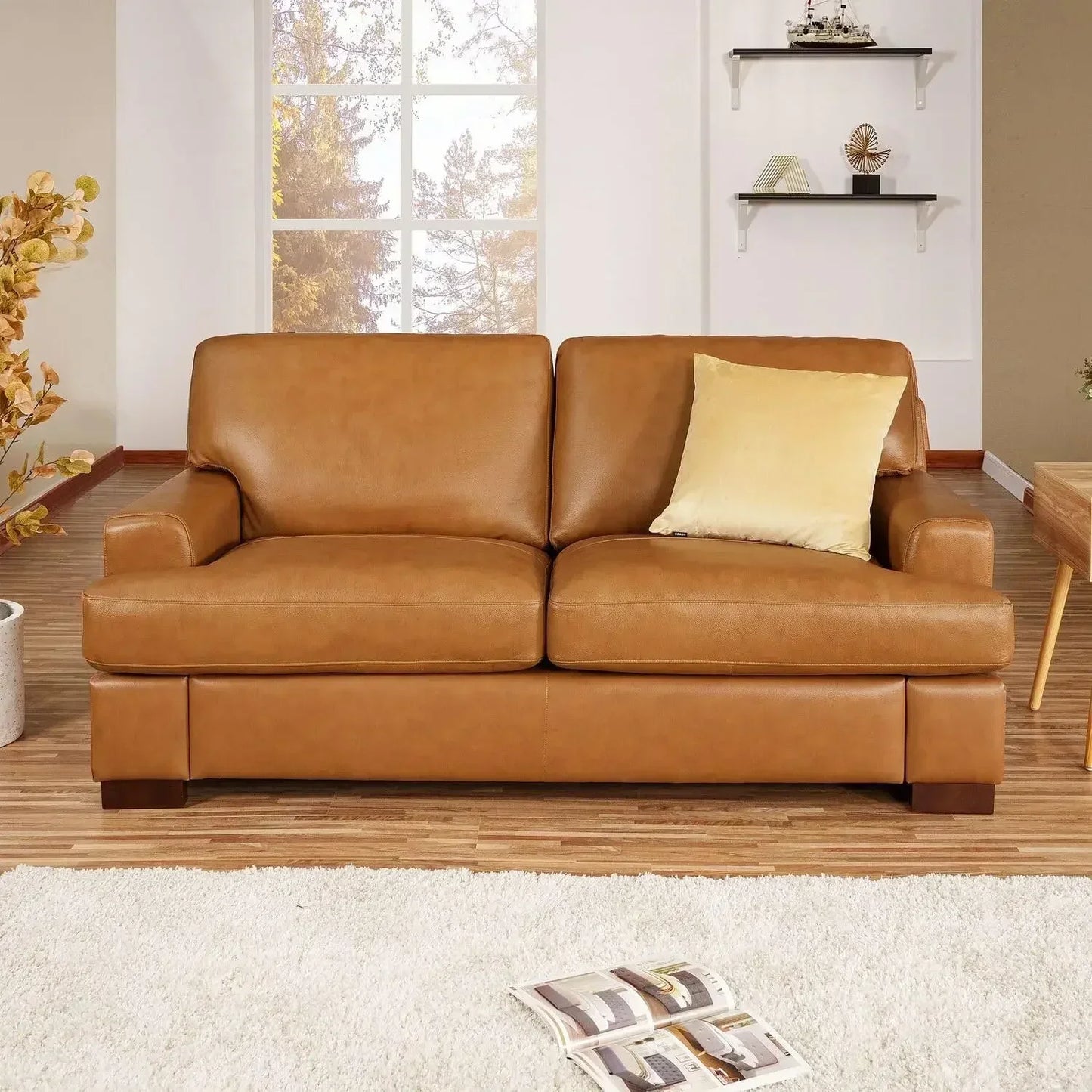 Genuine Leather Sofa - Set of 3 Luxurious Comfort, Goose Feather Cushion Filling, Square Arm Design, Sturdy Block