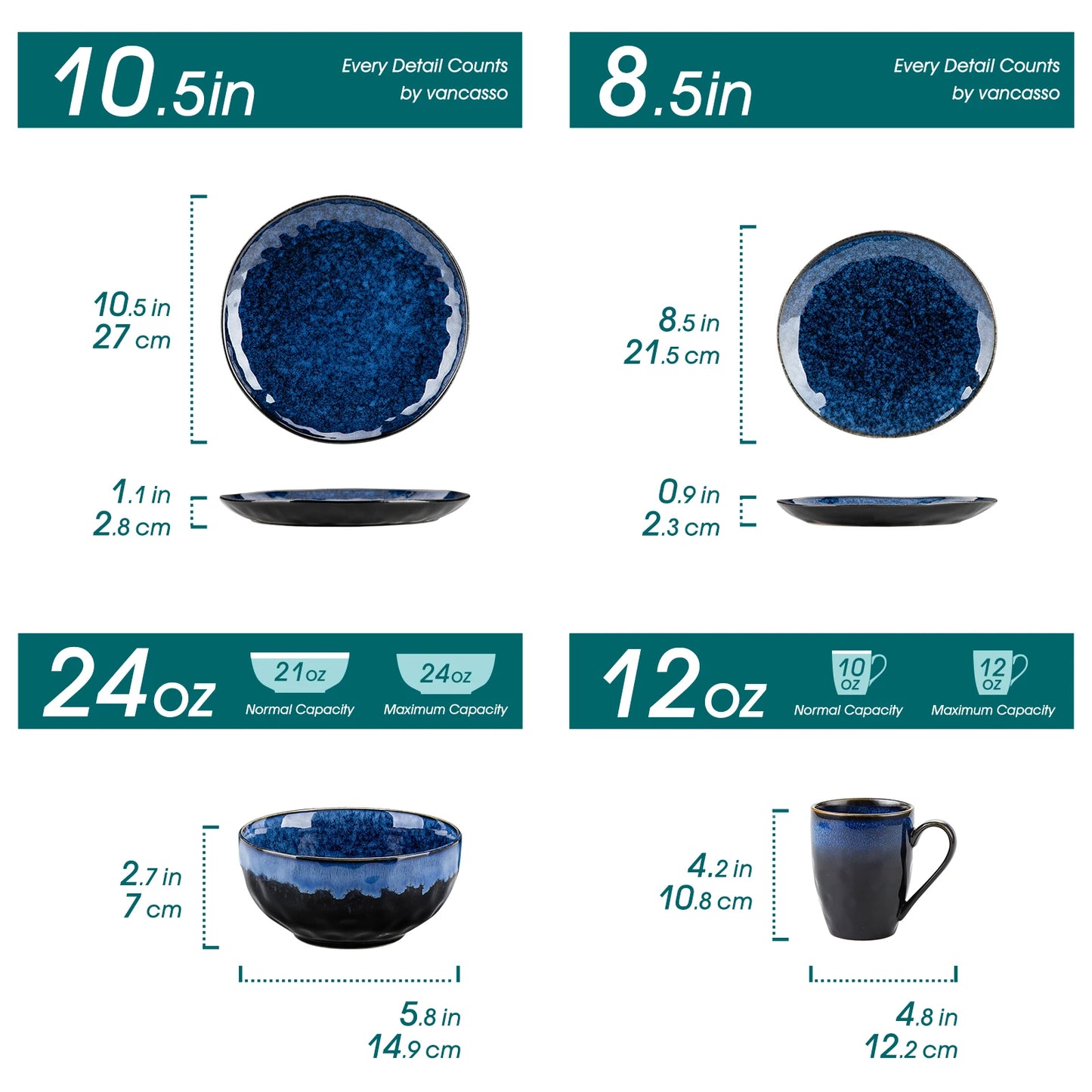 vancasso 16/32/48-Piece Starry Blue Dinner Set with Dinner Plate,Dessert Plate,Bowl,Mug