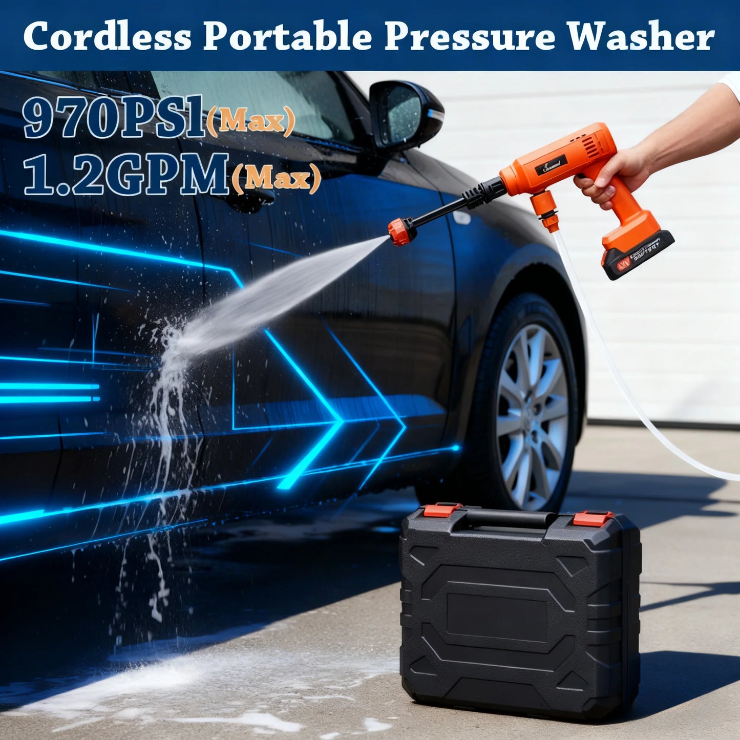 Power Blaster Plus Pressure Washer Cordless Portable Electric Water Spray Gun and Hose