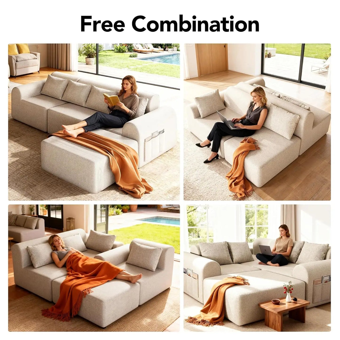 Cloud Boneless Sectional Sofa for Living Room, 4-Seater L-Shaped Comfy Couch with Ottoman, 4 Pillows, Deep, Customized