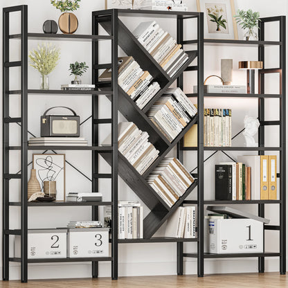 Triple 5 Tier Bookshelf, Large Wooden Bookcase with 17 Open Display Shelves Metal Frame