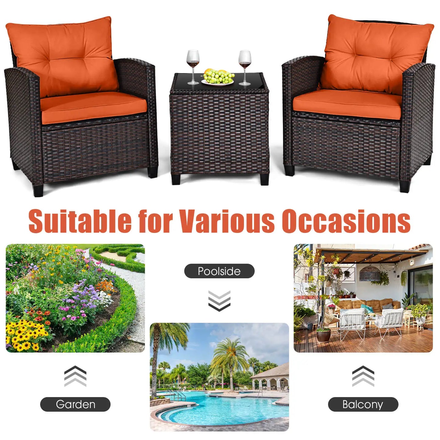 3 PCS Patio Rattan Furniture Set Cushioned  Sofa Orange