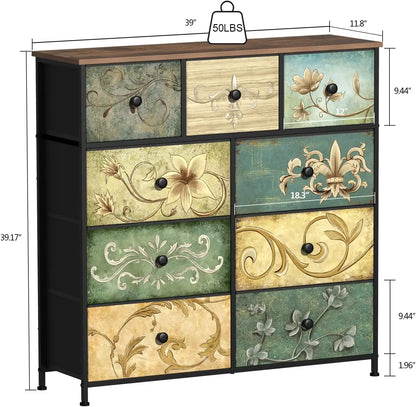 9-Drawer Floral Dresser with Wooden Top for Bedroom, Closet, Nursery, Living Room