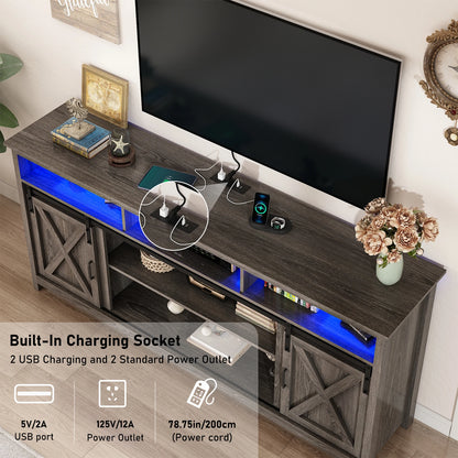 TV Stand Farmhouse Coffee Bar Cabinet Rustic Sliding Barn Door Cabinet with Power Outlet & LED Light