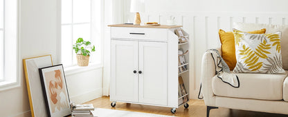 Rolling Kitchen Island with Power Outlet Spice Rack & Drawer Natural & White