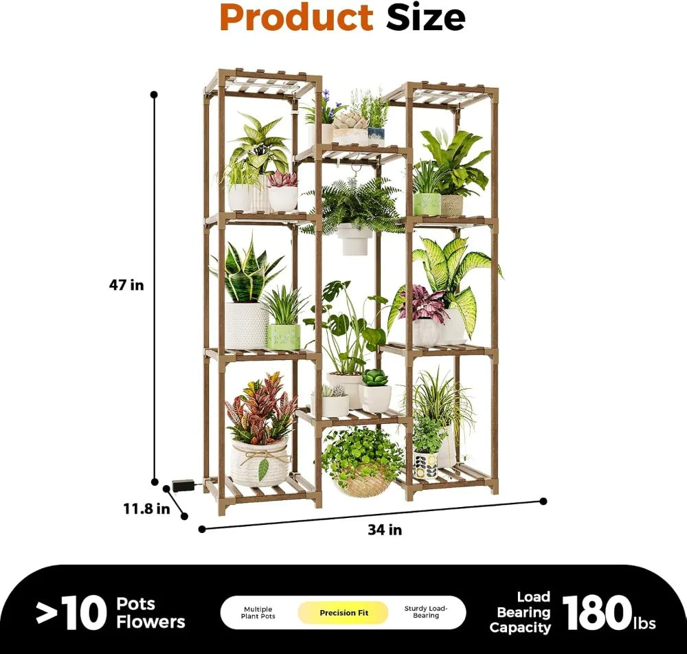 Multi-Tier Plant Stand with Grow Light, Large Wood Shelf for Indoor Outdoor Gardening Decor