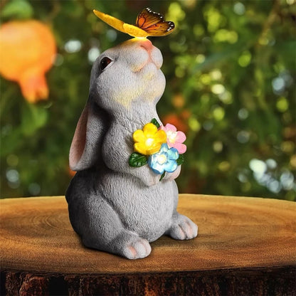 Solar Bunny Statue Garden Decor with Butterfly LED Light Resin Animal Figurine for Garden Courtyard