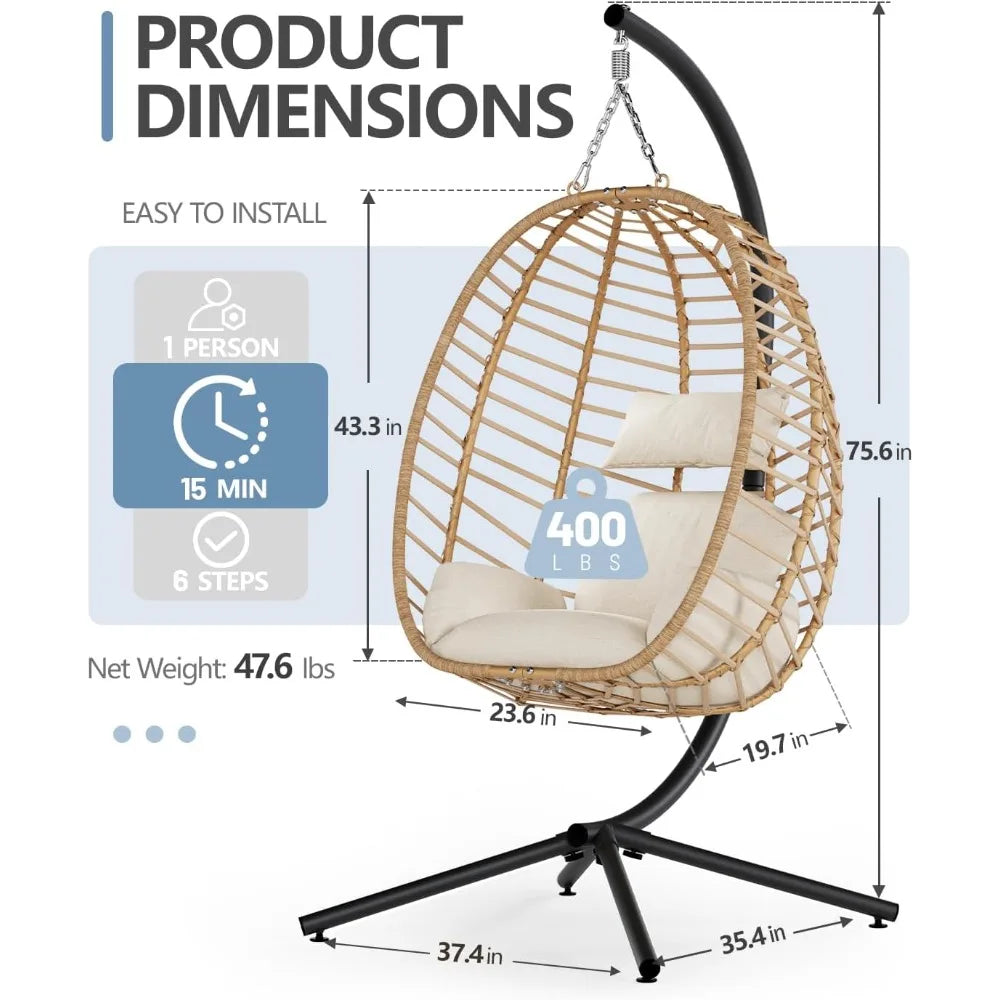 Egg Swing Chair with Stand, Outdoor Patio Hanging Egg Chair, Indoor Hammock Chair
