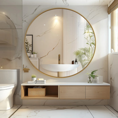 JHK 30 Inch Large Gold Round Vanity Framed Mirror for Wall