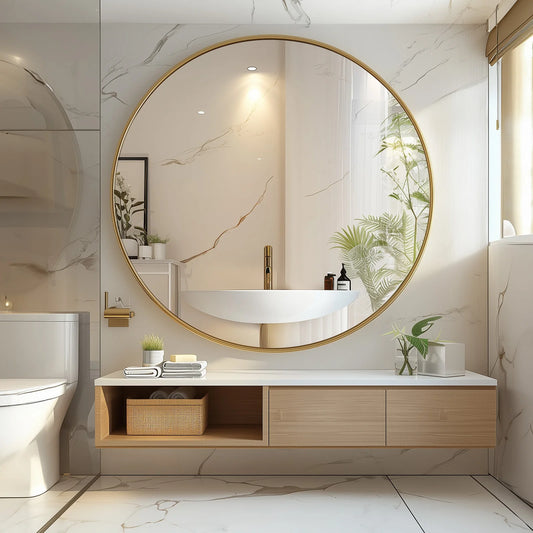 JHK 30 Inch Large Gold Round Vanity Framed Mirror for Wall