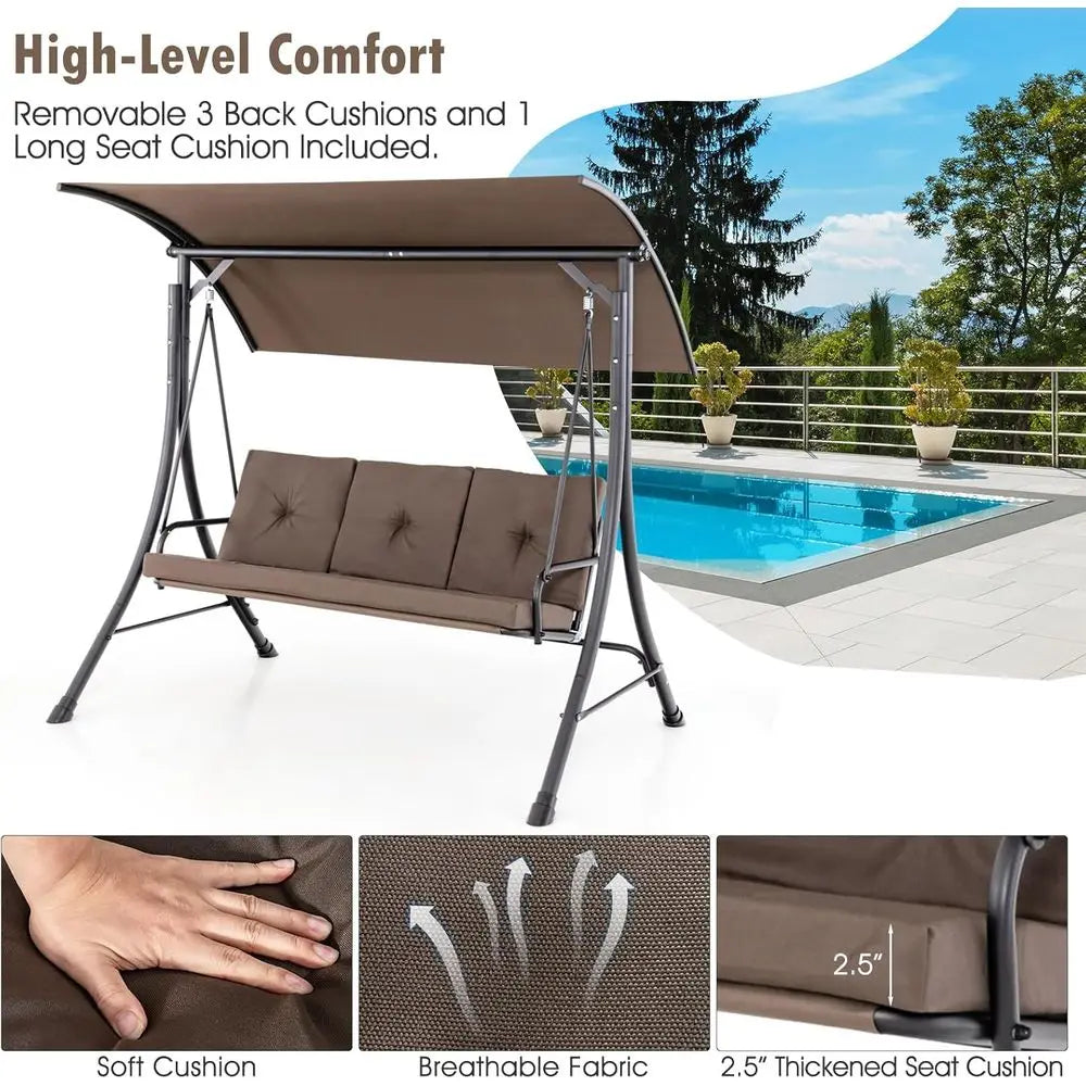 Person Porch Swing, Outdoor Swing with Removable Cushions, Solid Steel Structure, with Adjustable Canopy for Garden,