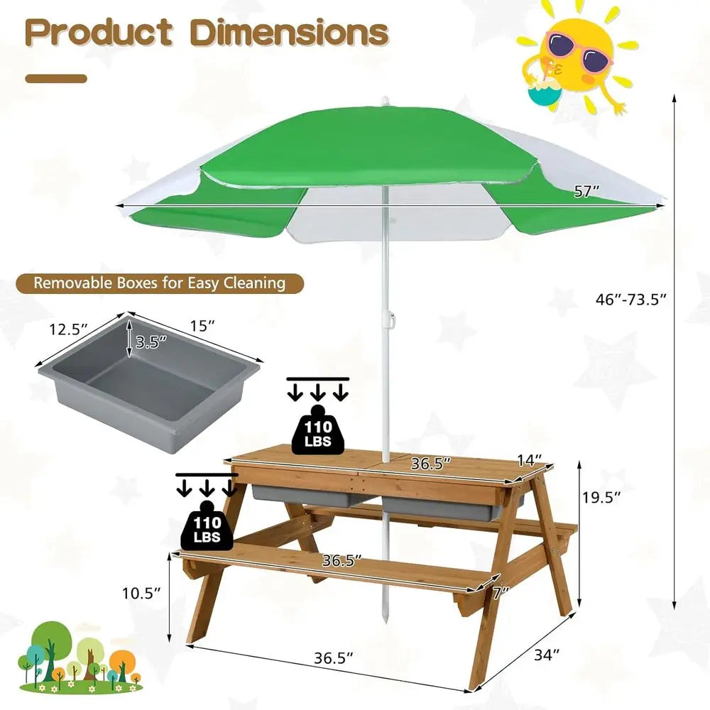 All-in-One Sand & Water Picnic Table with Adjustable Umbrella for Outdoor Play and Patio Use