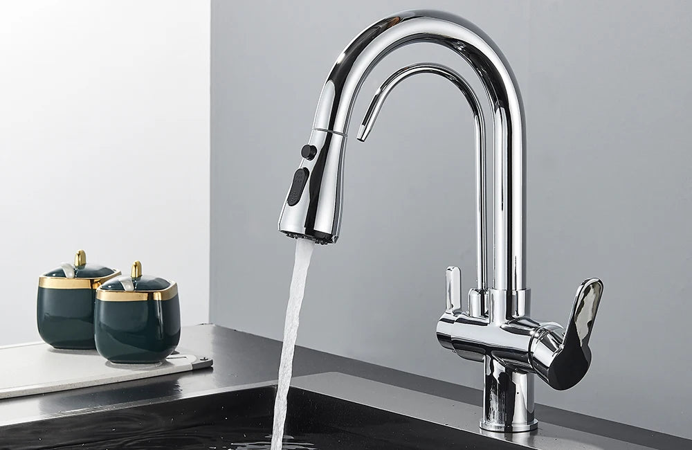 Quyanre Matte Black Filtered Crane For Kitchen Pull Out Spray 360 Rotation Water Sink Mixer Kitchen Faucet