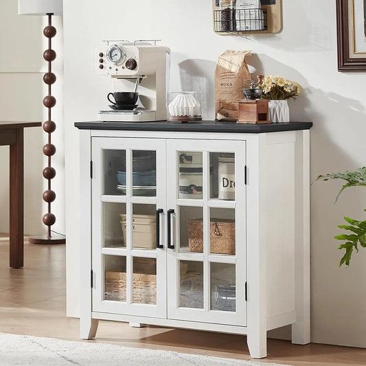 Sideboard Buffet Cabinet with Storage, 32" Farmhouse  Coffee Wine Bar Cabinet with 2 Glass Doors,