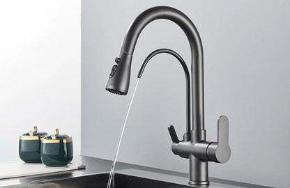 Quyanre Matte Black Filtered Crane For Kitchen Pull Out Spray 360 Rotation Water Sink Mixer Kitchen Faucet
