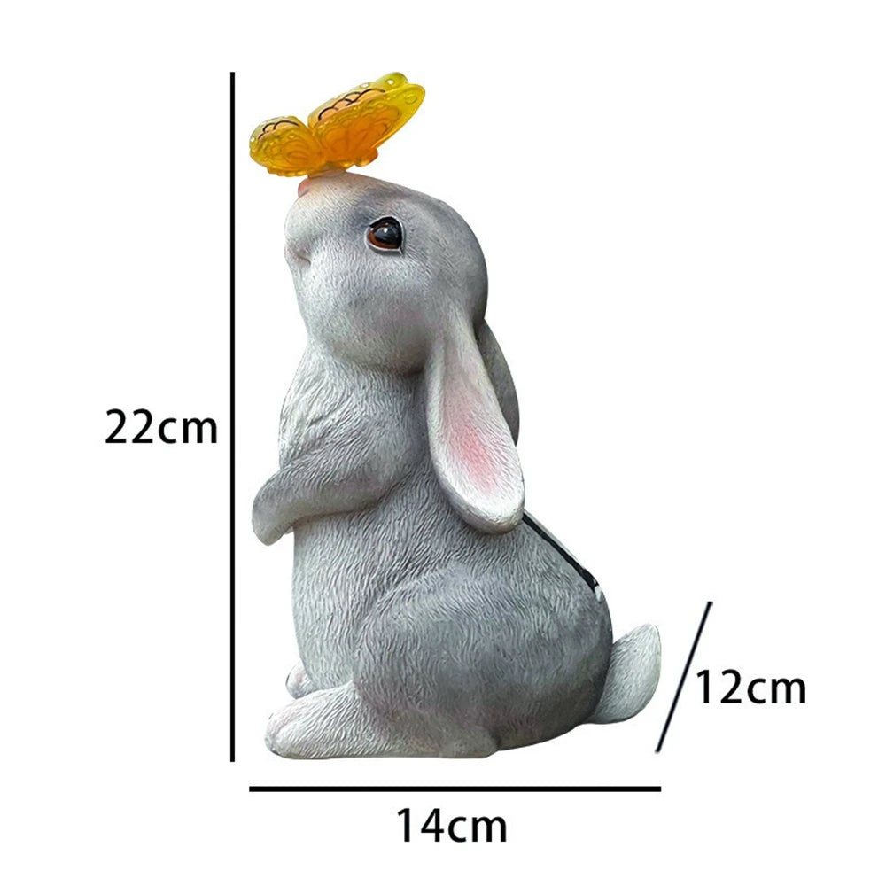 Solar Bunny Statue Garden Decor with Butterfly LED Light Resin Animal Figurine for Garden Courtyard
