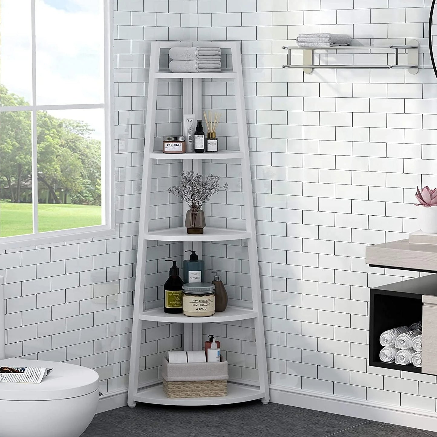 5 Tier Corner Bookshelf and Bookcase, 70 inch Tall Corner Shelves Standing Unit Indoor Plant Stand for Living Room (White)