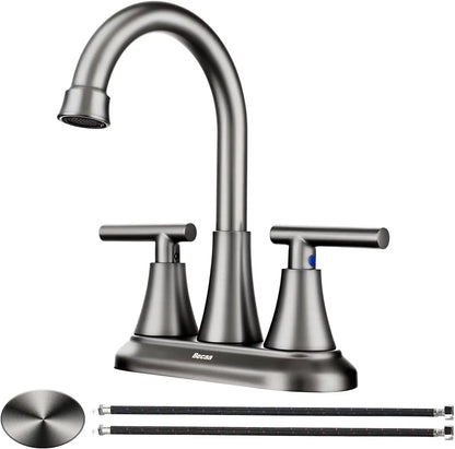 4 Inch Faucets 3 Hole, Bathroom Sink With Pop-Up Drain & Supply Hoses, 2-Handle 360 Swivel Spout Stainless Steel