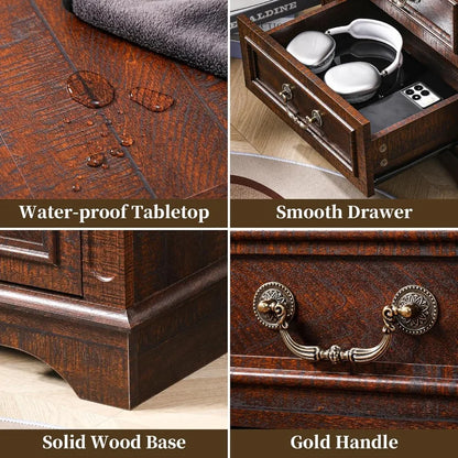 Nightstand with Charging Station Wooden Bedside Table with 3 Drawers  Small Spaces 1 Dark Brown