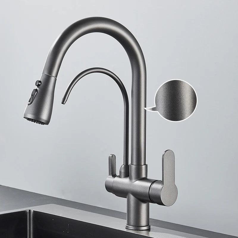 Quyanre Matte Black Filtered Crane For Kitchen Pull Out Spray 360 Rotation Water Sink Mixer Kitchen Faucet