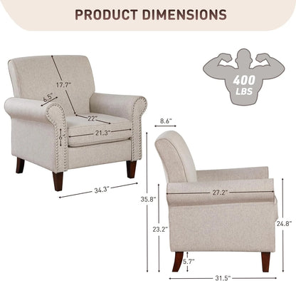Upholstered Living Room Chair Set of 2 - Large Comfy Fabric Accent Chair