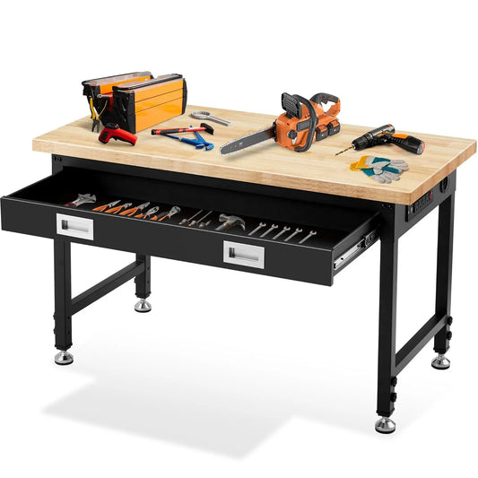 48” Adjustable Workbench with Drawer Storage,for Garage with Rubberwood Top,2000 LBS Capacity