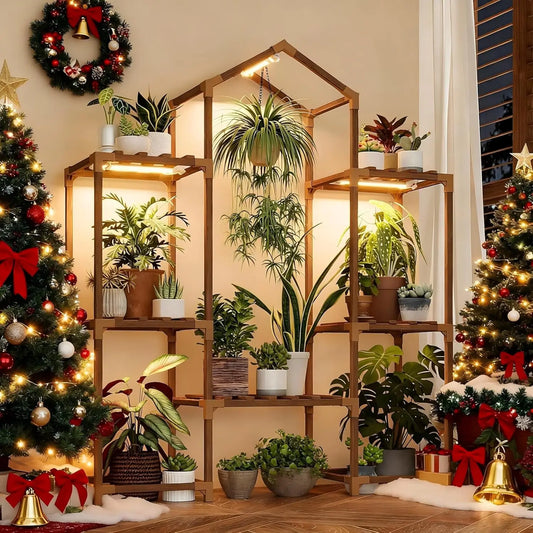 Wood Plant Shelf with Grow Lights for Indoor Hanging Planter Pots  Living Room Patio