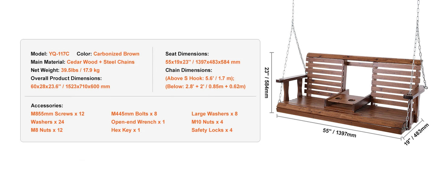 SucceBuy Wooden Porch Swing 5 ft  for Courtyard Garden  880 lbs Strong Load Capacity Chair Bench