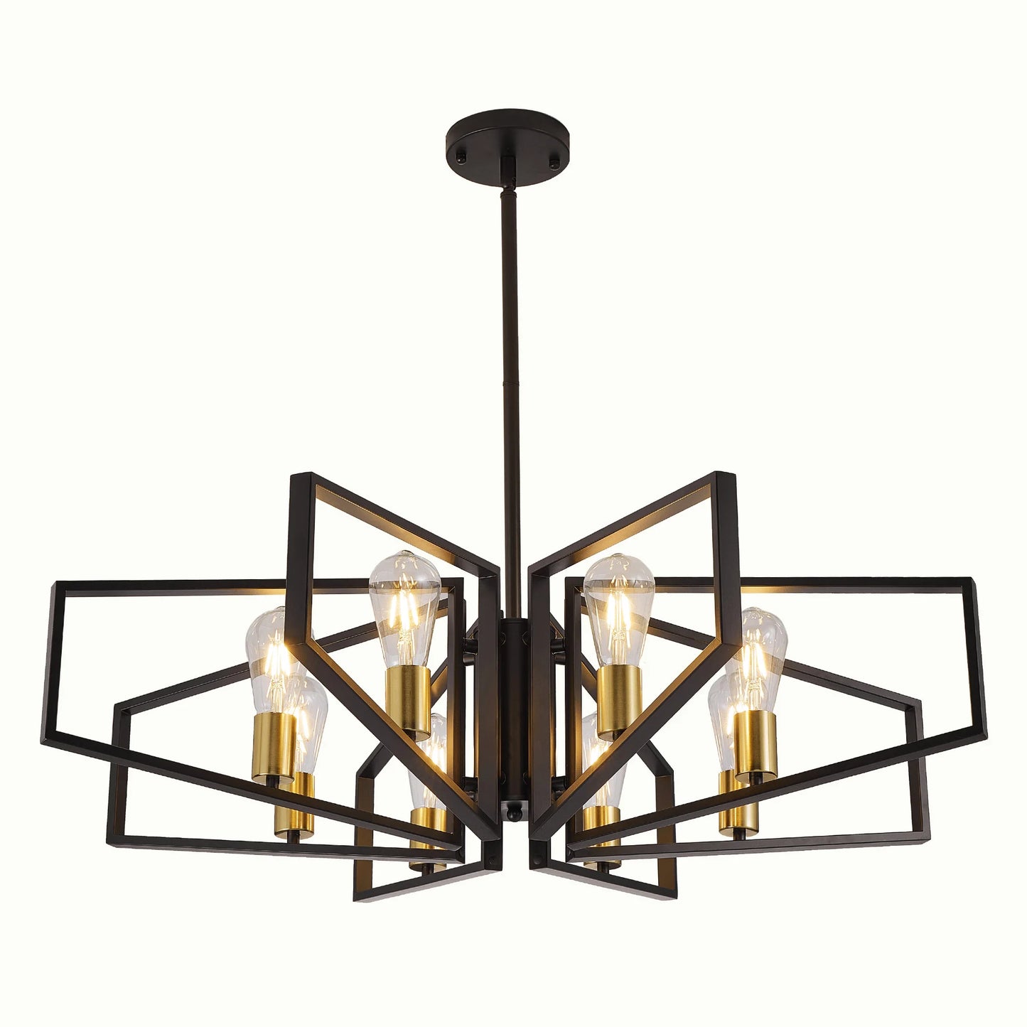 Modern 8-Light Geometric Chandelier Adjustable Height  Light with Black Frame & Golden Accents