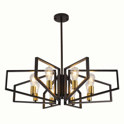 Modern 8-Light Geometric Chandelier Adjustable Height  Light with Black Frame & Golden Accents
