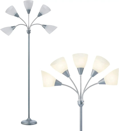 Medusa 5-Head Adjustable Floor Lamp, Large Shade, Silver, Living Room Bedroom Reading Light