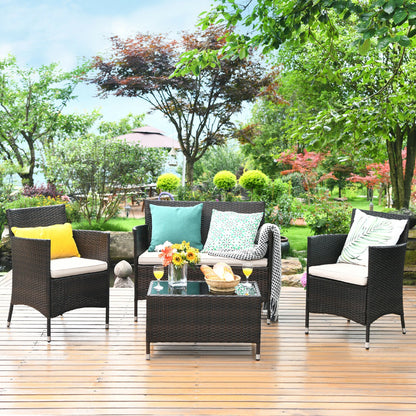 4PCS Rattan Patio Furniture Set Cushioned Sofa Chair Coffee Table Garden
