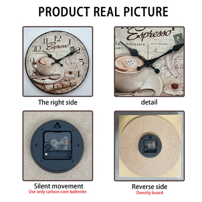 European Retro Coffee Cup Pattern Wooden Wall Clock for Kitchen, Home Decoration, Silent Quartz Clock,