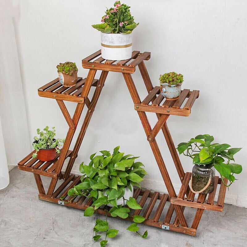 Carbonized Triangle 6 Tiered Corner Wood Plant Stand  Indoor Outdoor