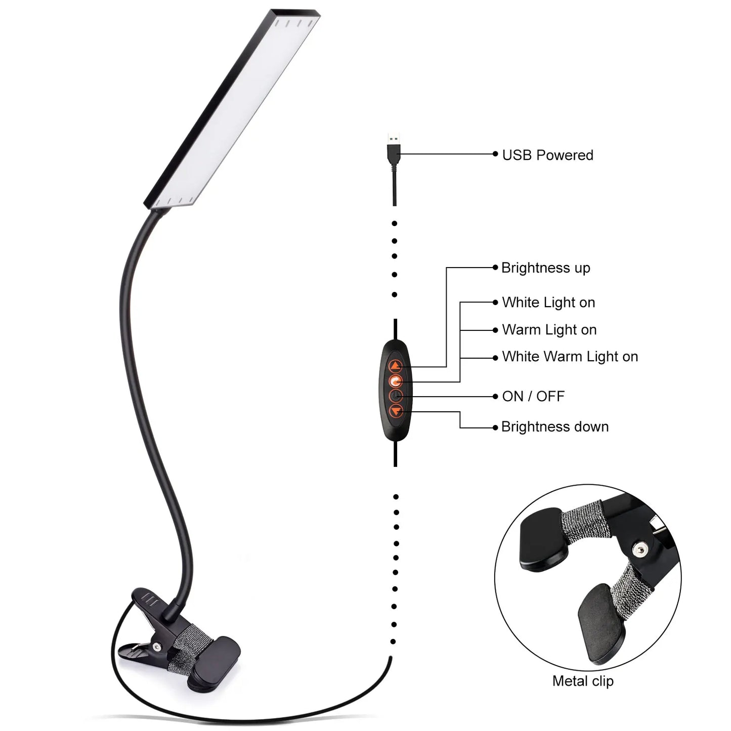 5W LED Clip on Desk Lamp with 3 Modes 11 Brightness  2M Cable Dimmer 14 Levels Clamp Table Lamp