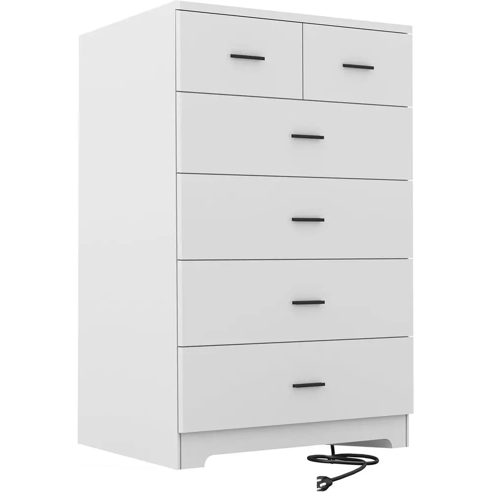 Wooden 6-Drawer Cabinet with Power Outlets and Large White Storage Organizer for Closets, Bedrooms, and Hallways