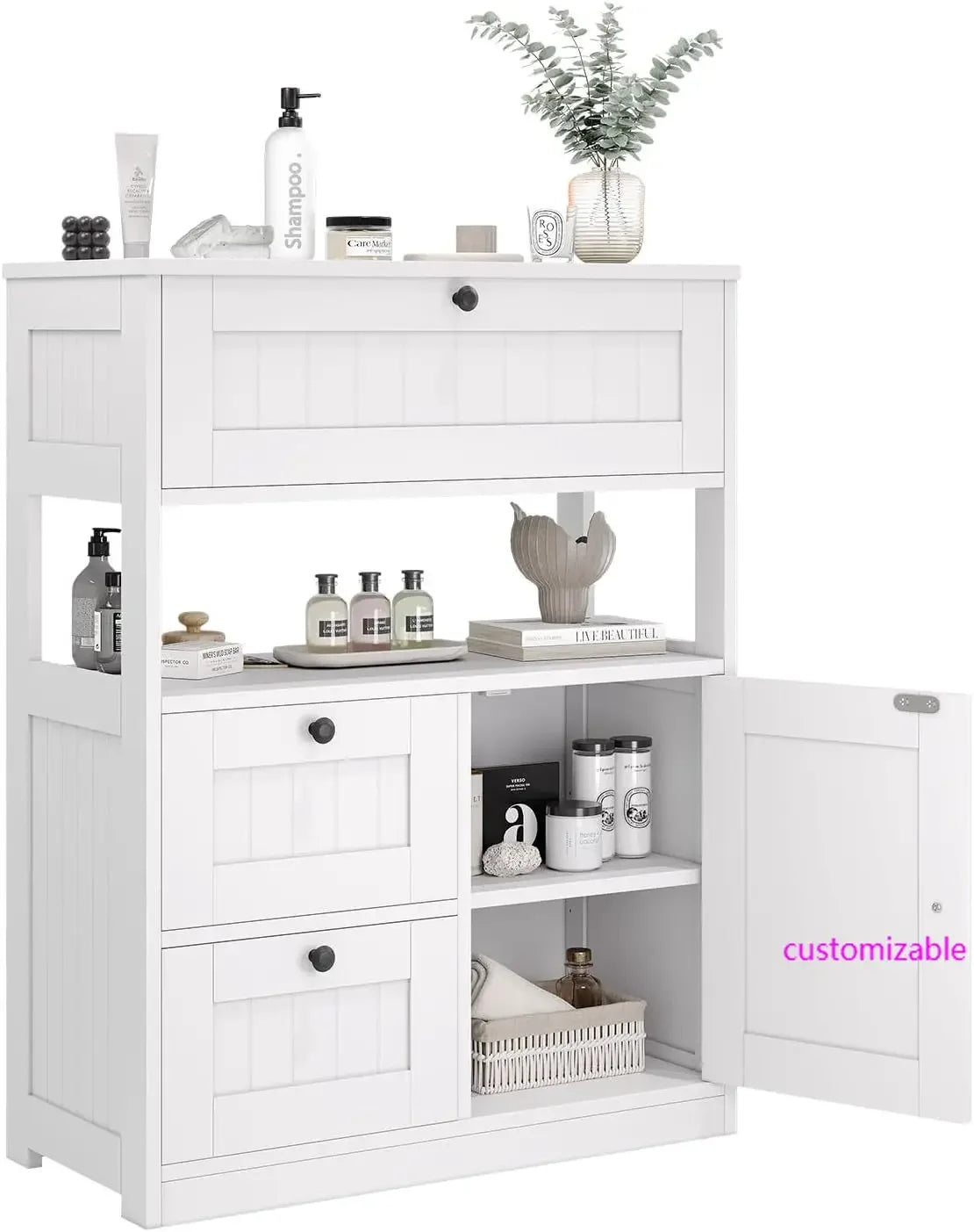 Bathroom  Storage Cabinet Organizer with 1 Door and 3 Drawers, Freestanding Cupboard
