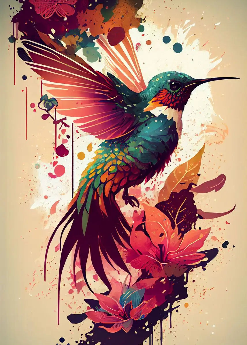 Watercolor Hummingbird Flower Wall Art