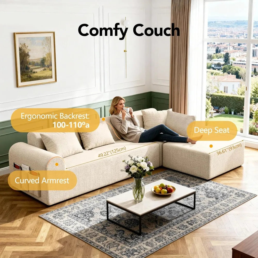 Cloud Boneless Sectional Sofa for Living Room, 4-Seater L-Shaped Comfy Couch with Ottoman, 4 Pillows, Deep, Customized