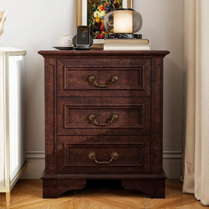Nightstand with Charging Station Wooden Bedside Table with 3 Drawers  Small Spaces 1 Dark Brown